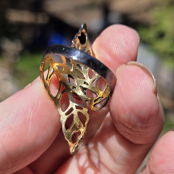 Herkimere diamond 🍃 🍂 leaf sterling rhodium & gold ring sz7.5 - Picture 5 of 7